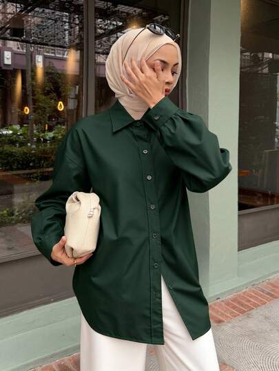 DAZY 纯色落肩纽扣前襟衬衫、长袖上衣、秋装