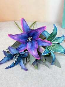 1 pieza Flor artificial de lirio azul de doble cabeza vintage - Decoración del hogar de primavera, adecuada para la mesa de la sala de estar, adornos de boda, flores artificiales, decoración del hogar - Multicolor - Ver 4