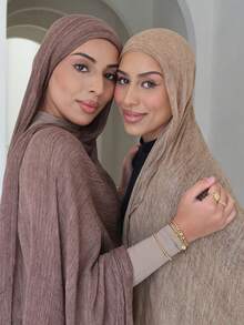 1件装女士纯色褶皱流苏穆斯林头巾披肩，柔软透气时尚百搭围巾 - 彩色 - 查看 2