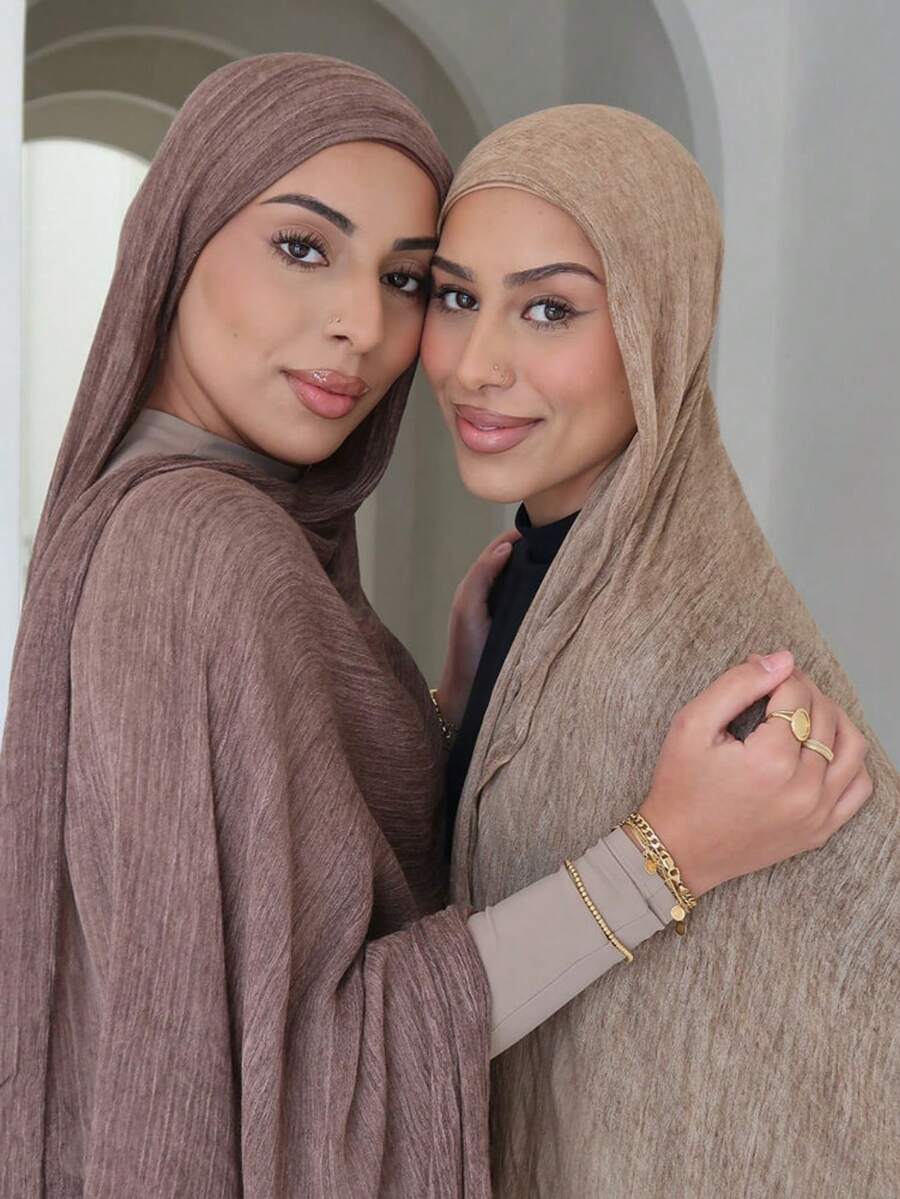 1件装女士纯色褶皱流苏穆斯林头巾披肩，柔软透气时尚百搭围巾