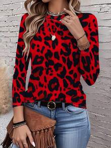 Women's Red Leopard Print T-Shirt - Long Sleeve Round Neck Blouse With Full-Body Animal Print, Spring/Autumn Casual Top For Home, Office & Daily Wear, Machine Washable Non- Shirt For Layering Or Standalone Outfits - Mixed Color - 查看 3