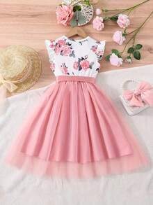 Girls Rose Print Dress, Pink Mesh Flared Skirt, Flutter Sleeves, Cinched Waist Princess Dress, Summer - Pink - View 5