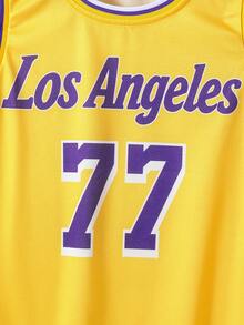 2pcs/Set Boys Casual Outdoor Sports Basketball Jersey With Los Angeles Number 77 Print, Basketball Round Neck Tank Top And Shorts Set, Spring/Summer - Yellow - View 5