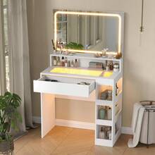 CollaredEagle Vanity Desk With Illuminated Mirror & Power Outlet, Bedroom Dresser LED Mirror Stepless Dimmable & 3 Color Modes Adjustable, LED Tempered Glass Top, Large-Capacity Storage Shelving - trắng - Xem 5