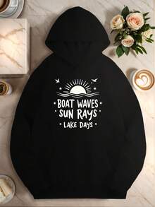 Boat Waves Sun Rays Lake Days Women-S Casual Longeeve Hoodie Sweatshirt - Vibrant Red Geometric Sun Ray And Wave Graphic Print, Front Pockets, Hine Washable, AutumnWinter Warmth Fo_808 - Đen 14 - Xem 1