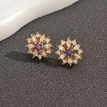 Pendientes de diseño de nicho de dopamina de la vida, pendientes de flores geométricas, pendientes de girasol con incrustaciones de diamantes completos y gemas multicolores - Esmeralda plateada - Ver 3