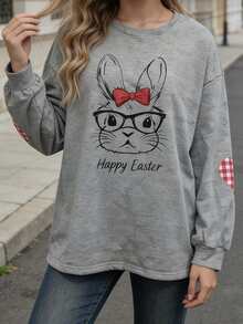 Oversized Graphic Sweatshirts For Women Easter Bunny Print Pullover Loose Fit Long Sleeve Tops For Spring Fall - Gris Oscuro - Ver 3