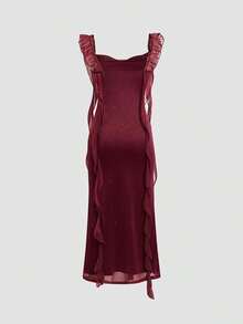 Women's Solid Glitter Ruffle Trim Dress, Elegant Sleeveless Formal Dress For Party Club Dating Wear, Ladies Clothes For All Seasons - Đỏ - Xem 2