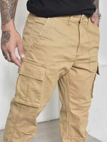 Men's Casual Cargo Pants With Multi-Pocket Design And Elastane - 駝色 - 查看 3
