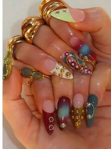 DIY Zebra/Leopard Print Nails10pcs French Tips Nail Art White/Gold/Green/Orange Long Stiletto Acrylic Press On Nails 3D Carving Flowers 3D Beans 3D Gold Circles Diamonds Blending, Cat's Eye For Holiday/Daily With Free Gel Sticker Nail File. - 彩色 - 查看 2