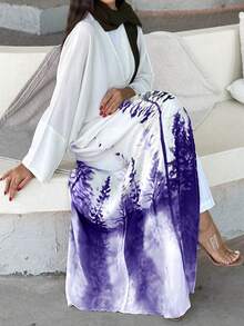 Elegant Women's Long Sleeve Drop Shoulder Kaftan Jalabiya Maxi Dress, Forest Print, Non-Stretch Woven Fabric - Purple - View 1