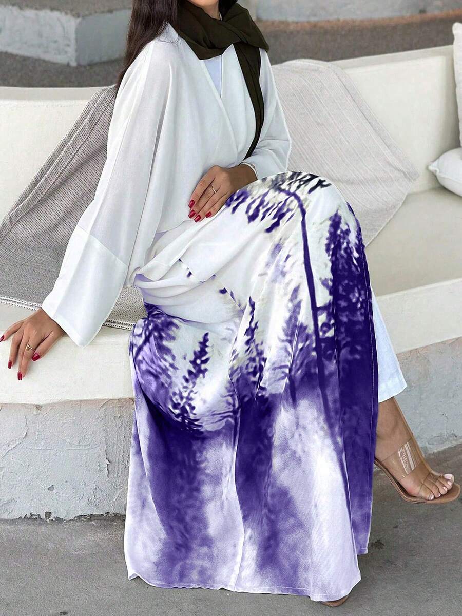 Elegant Women's Long Sleeve Drop Shoulder Kaftan Jalabiya Maxi Dress, Forest Print, Non-Stretch Woven Fabric - Purple - View 1