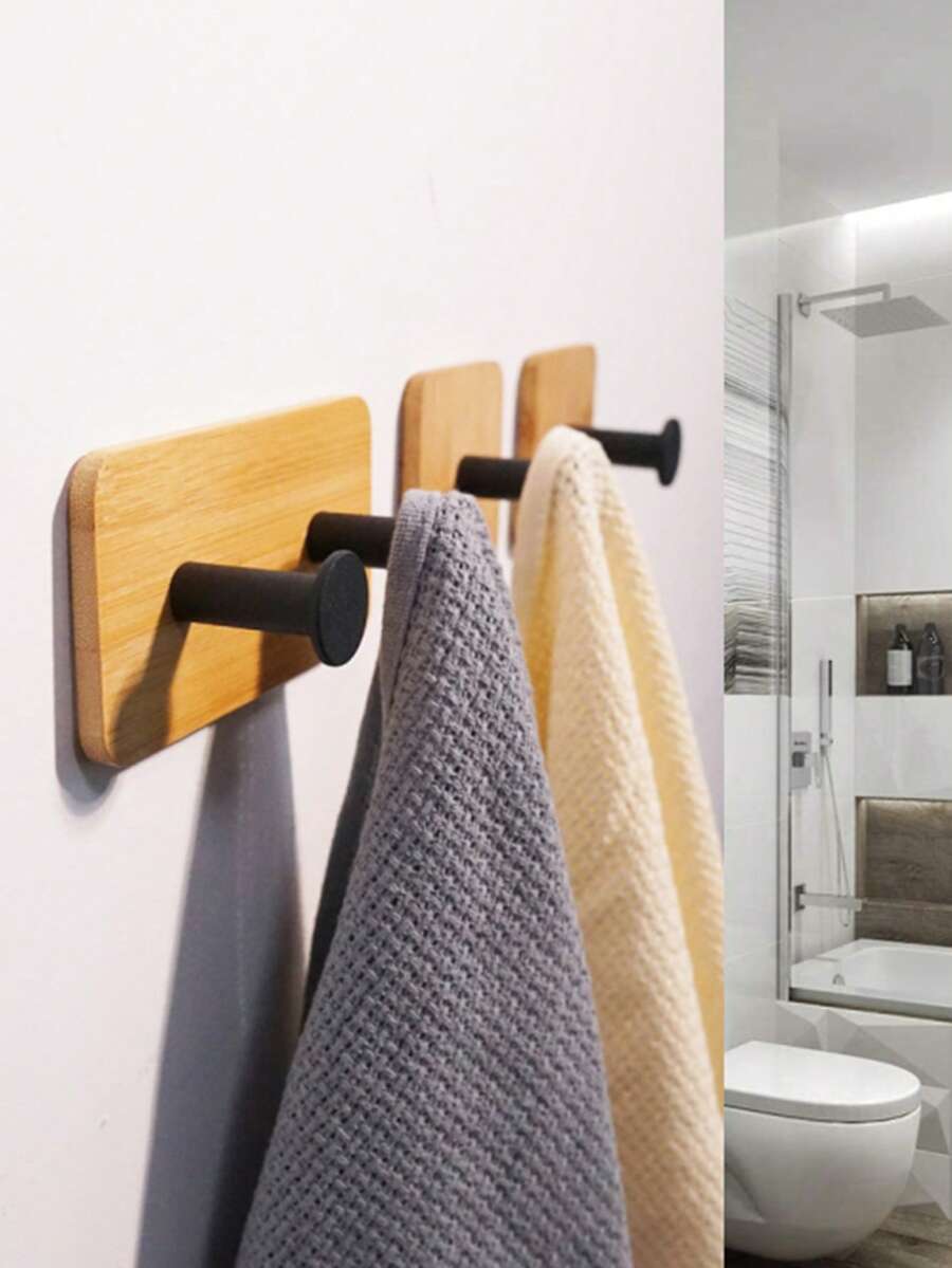 1pc Wooden Wall Hook, No Drilling Required, Strong Adhesive Hook For Coat, Hat, Kitchen, Bathroom, Entryway - Multicolor - View 1