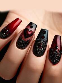 Walentynki – czerwone, ombre, luksusowe sztuczne paznokcie inspirowane baletem, z czerwonym sercem i kropkami w stylu Y2K - Wielokolorowe - Zobacz 8