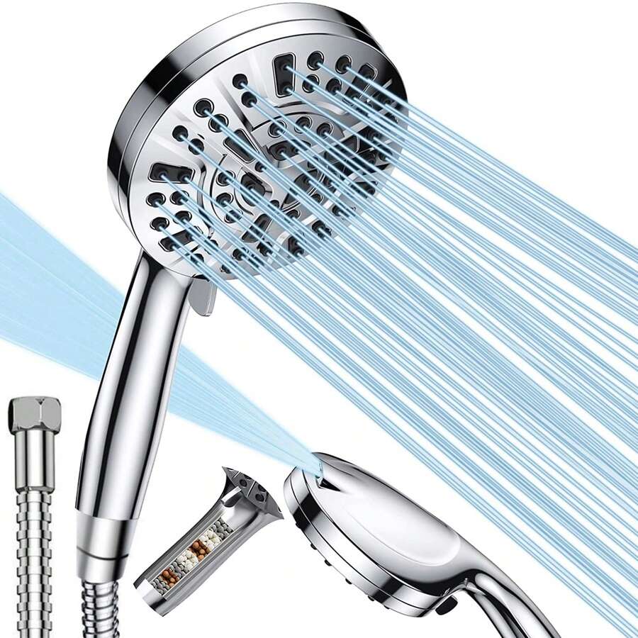 Duschkopf mit Schlauch, 8+2 Strahlarten Wassersparender Hochdruck-Filterbrause gegen hartes Wasser, Chlor und Bakterien, mit 1,5m Duschschlauch und Chromoberfläche für optimalen Komfort. - Silber - Übersicht 1