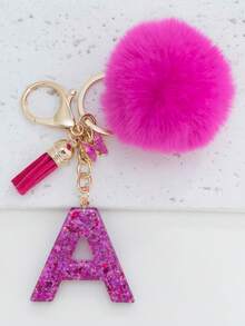 Shiny Letter Keychain Fluffy Tassel Keyring - Fashionable Bag And Car Key Accessories Ideal As Bridal Shower Wedding And Birthday Gifts Charming Wallet Pendant Women Fashion Keychain Y2K - Hot Pink - View 35