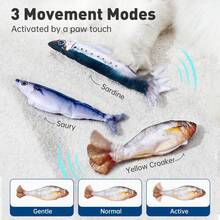 Three-Piece Set Of Simulated Electric Fish Wobbling Cat Teaser Toy Kit – Interactive Cat Toys For All Breeds, Light-Touch Activation With Three Flapping Modes (Sardine/Saury/Yellow Croaker), Rechargeable - 3 Con cá rung lắc - Xem 3