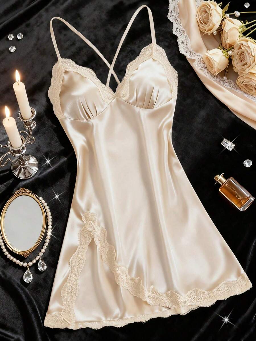 Women's Sleep Dress Mature Print Satin Lace Trim Sleepwear Dress, V Neck Crisscross Backless Side Split Slip Dress, Comfortable Nightgown - Rượu sâm banh - Xem 1