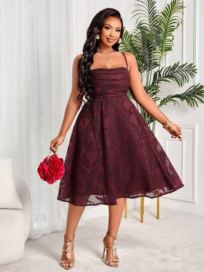BIUBIU Plus Size Vintage Jacquard Cocktail Dress, Burgundy Spaghetti Strap Ruched Waist A-Line Midi Banquet Dress