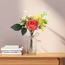 AFRITEE - Flores artificiales con jarron pequeño diseño de rosas de otoño en maceta de color naranja artificial con jarron pequeño para el hogar sala de estar oficina boda centro de mesa - Ramo de naranja + jarrón de alivio - Ver 2