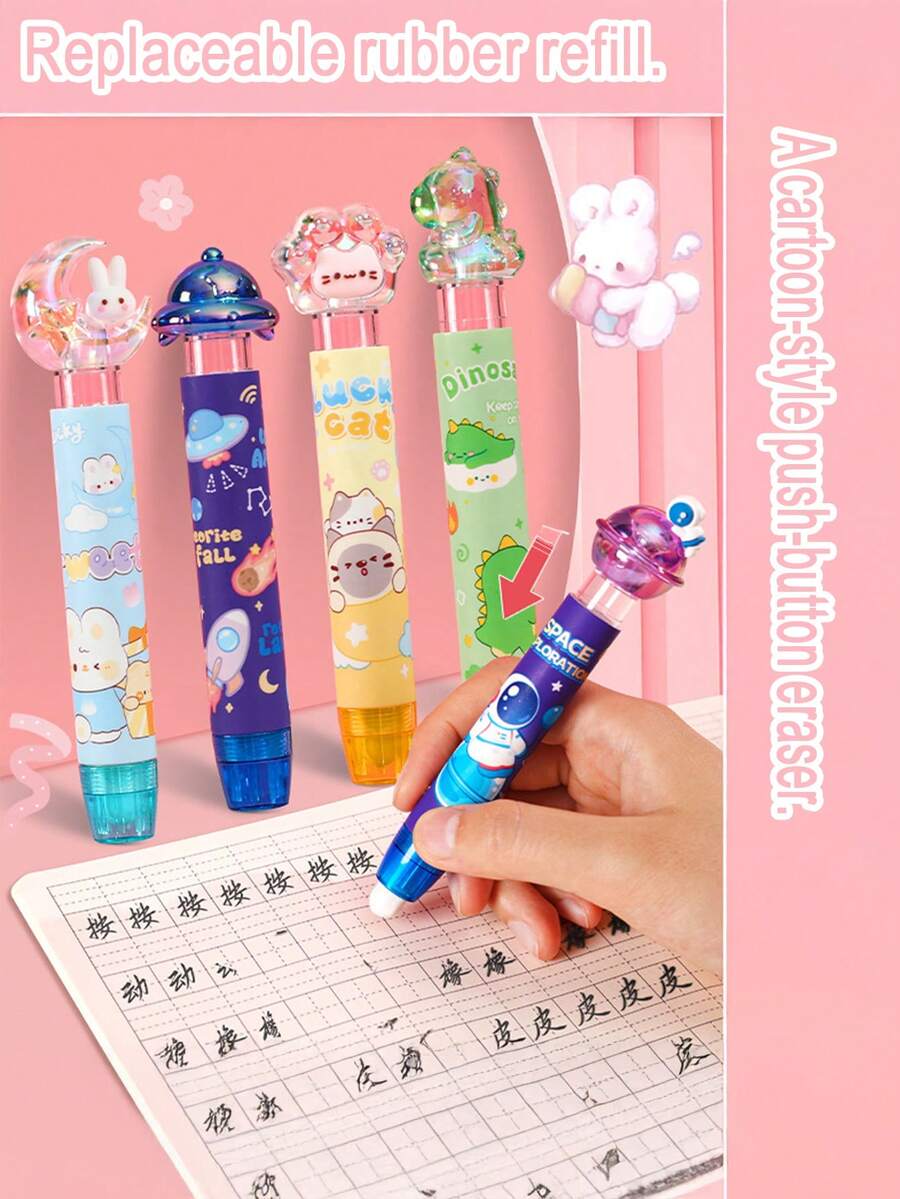 1 Set Cartoon Eraser Set, Cute Girly Erasers With Refillable Pen Holder & 2 Refill Leads, Smudge-Free, Minimal Debris, Suitable For Drawing, Learning, Classroom Gifts - Sets - View 1