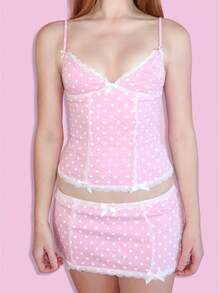 Women's Lace Patchwork Polka Dot Mini Skirt Set, Deep V Neck Backless Cami Top With Bow Half Skirt 2-Piece Set - 粉色 - 查看 1