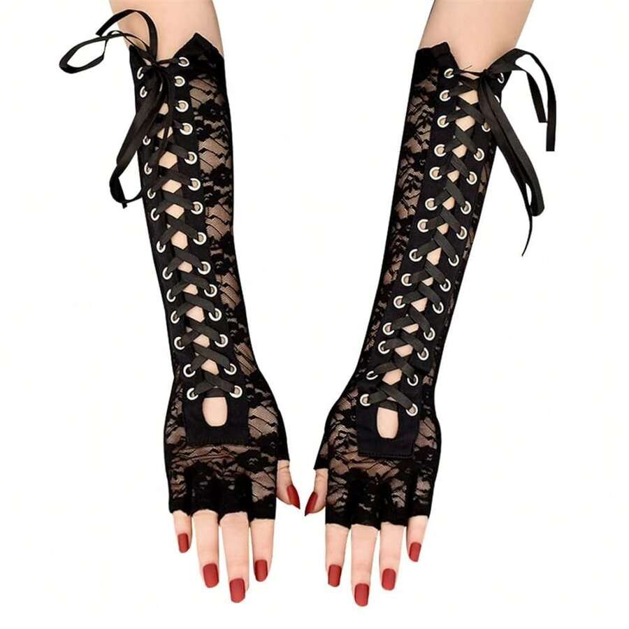 Mrotrida Women's Punk Fingerless Glove Cosplay Ripped Gloves For Halloween Costume Party 1Pair,BlackLace - BlackLace - 查看 1
