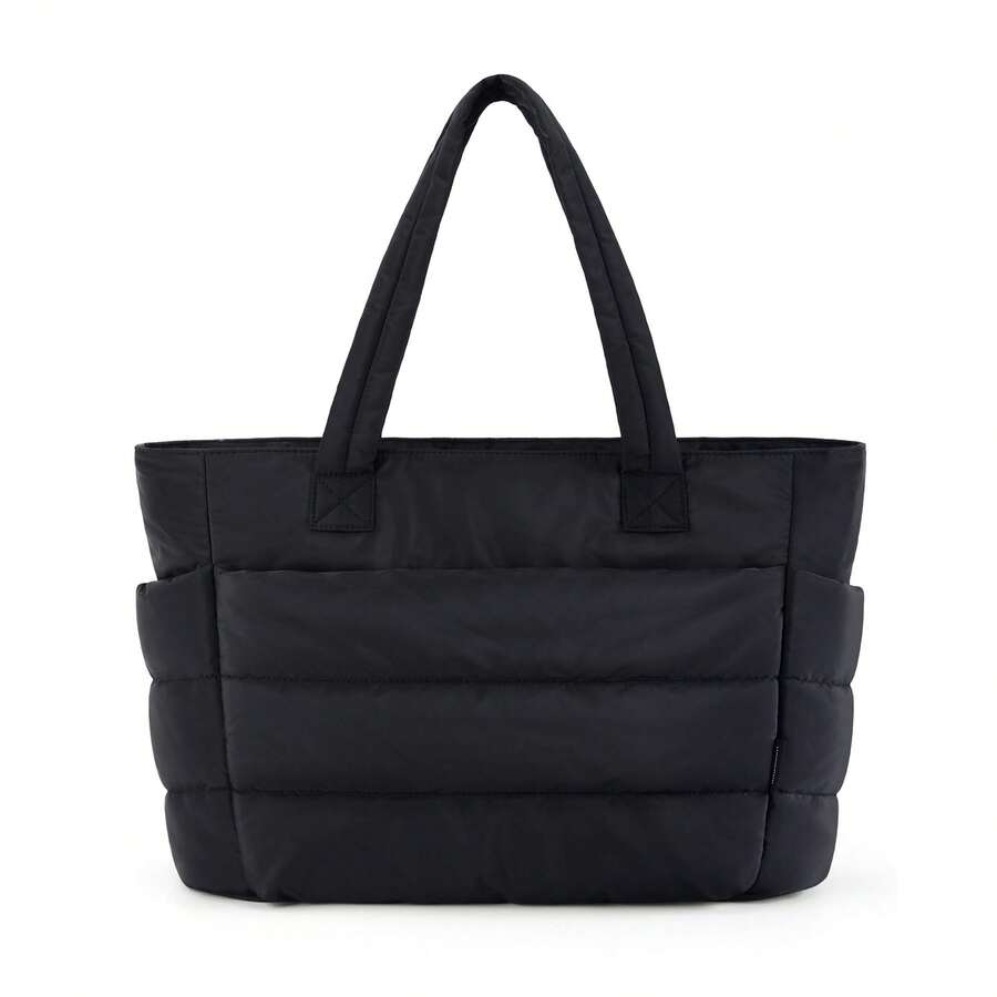 Bolso de tocador impermeable y ligero acolchado de moda para mujeres, con gran capacidad, organizador tipo tote con correa de hombro desmontable y cremallera, adecuado para el trabajo, viajes y gimnasio - Negro - Ver 1