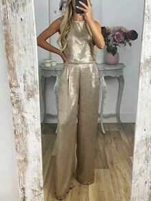 Bộ đồ nữ thanh lịch, cài cúc và có túi, gồm 2 món, thích hợp mặc hàng ngày vào mùa hè. - Rượu sâm banh - Xem 3