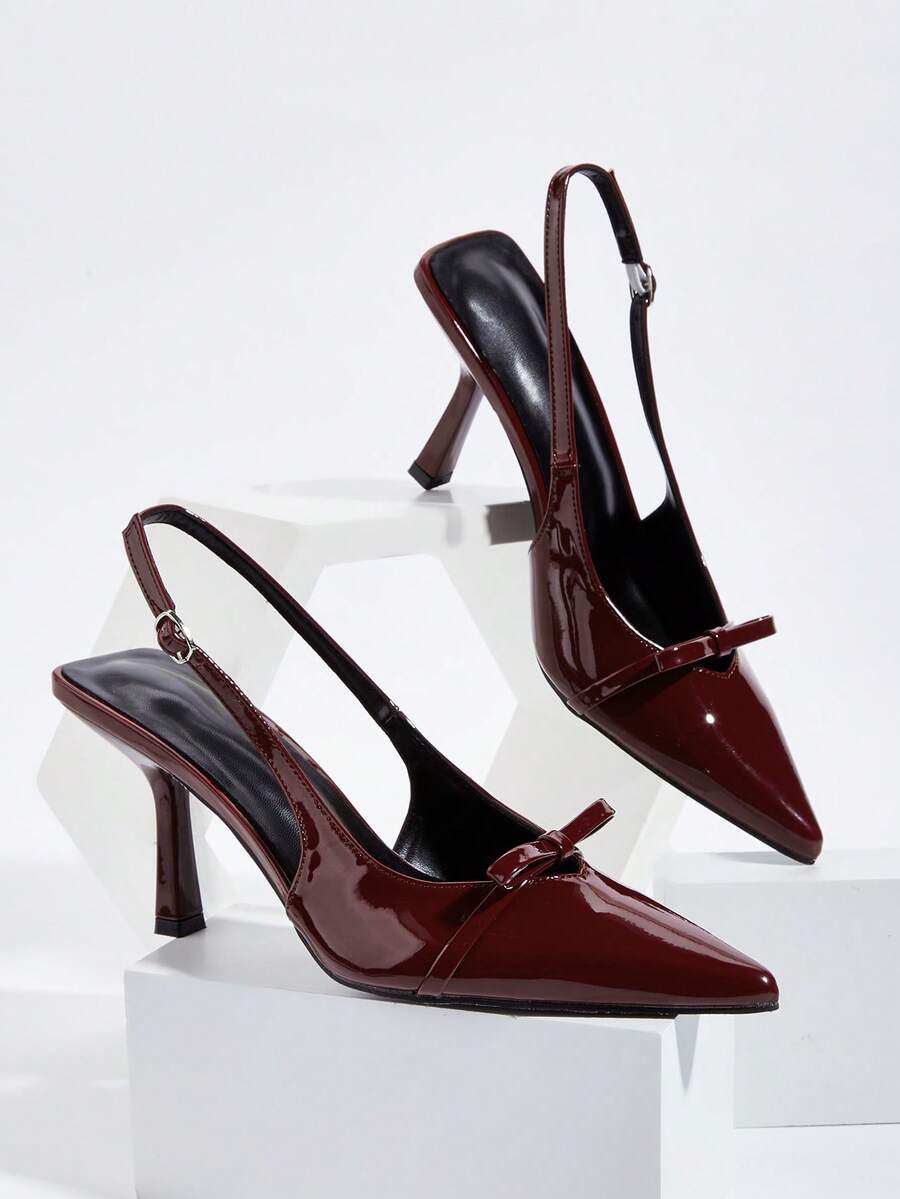 Pointed Toe Patent Leather Minimalist Commuter Bow Buckle Office Stiletto High Heels - Burgundy - View 1