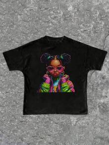 Tween Girl Cotten Clothes,Y2K-Inspired Letter Print T-Shirt - Casual Crew Neck, Short Sleeve, Machine Washable - Perfect For Spring/Summer/Fall,Fashion, Streetwear, Unisex, Men, Women - 黑色 - 查看 2