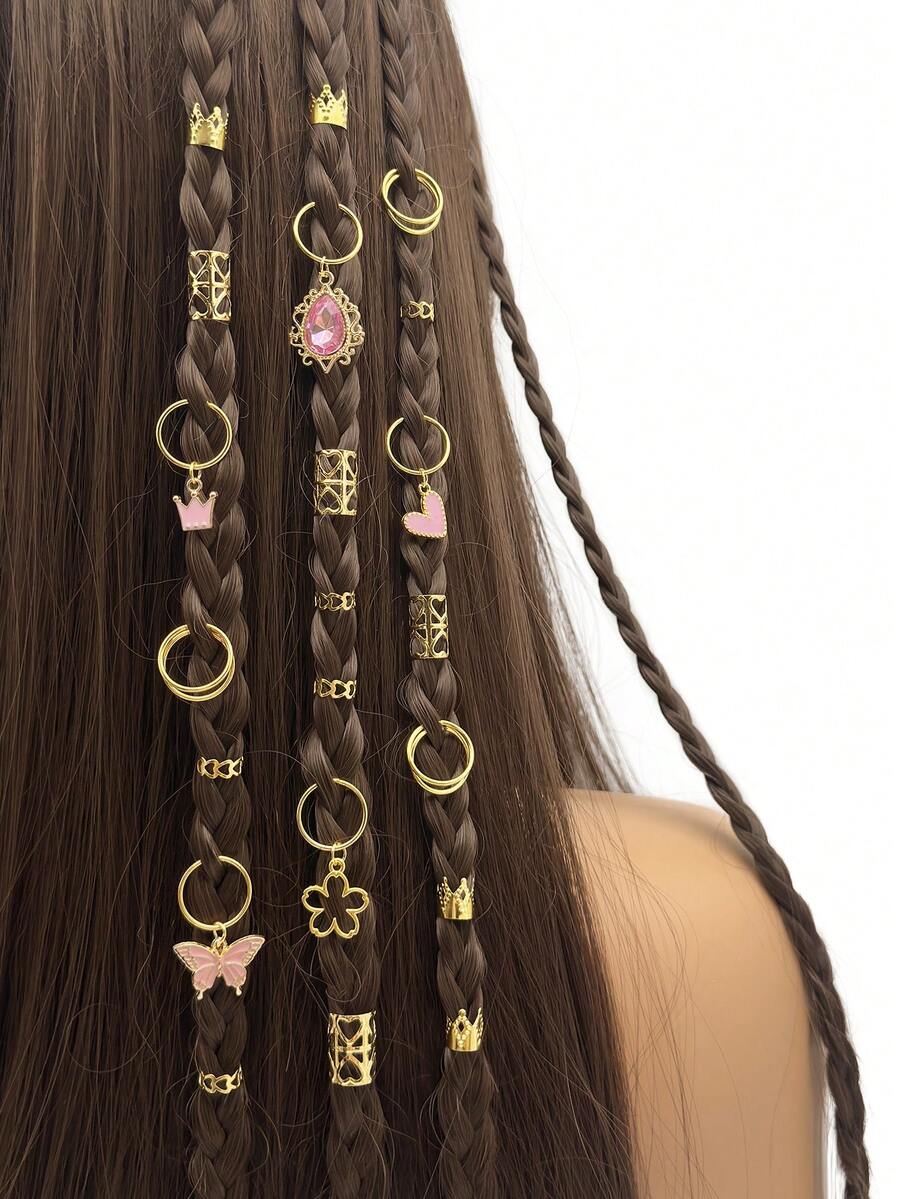 45 pièces Accessoires pour cheveux avec pendentifs en forme de cœur pour tresses, pinces à cheveux avec pendentifs en forme de cœur rose, papillon et couronne, décorations pour cheveux, accessoires pour la Saint-Valentin, décorations pour tresses, boucles d'oreilles, accessoires de la Saint-Valentin - Doré - Voir 1