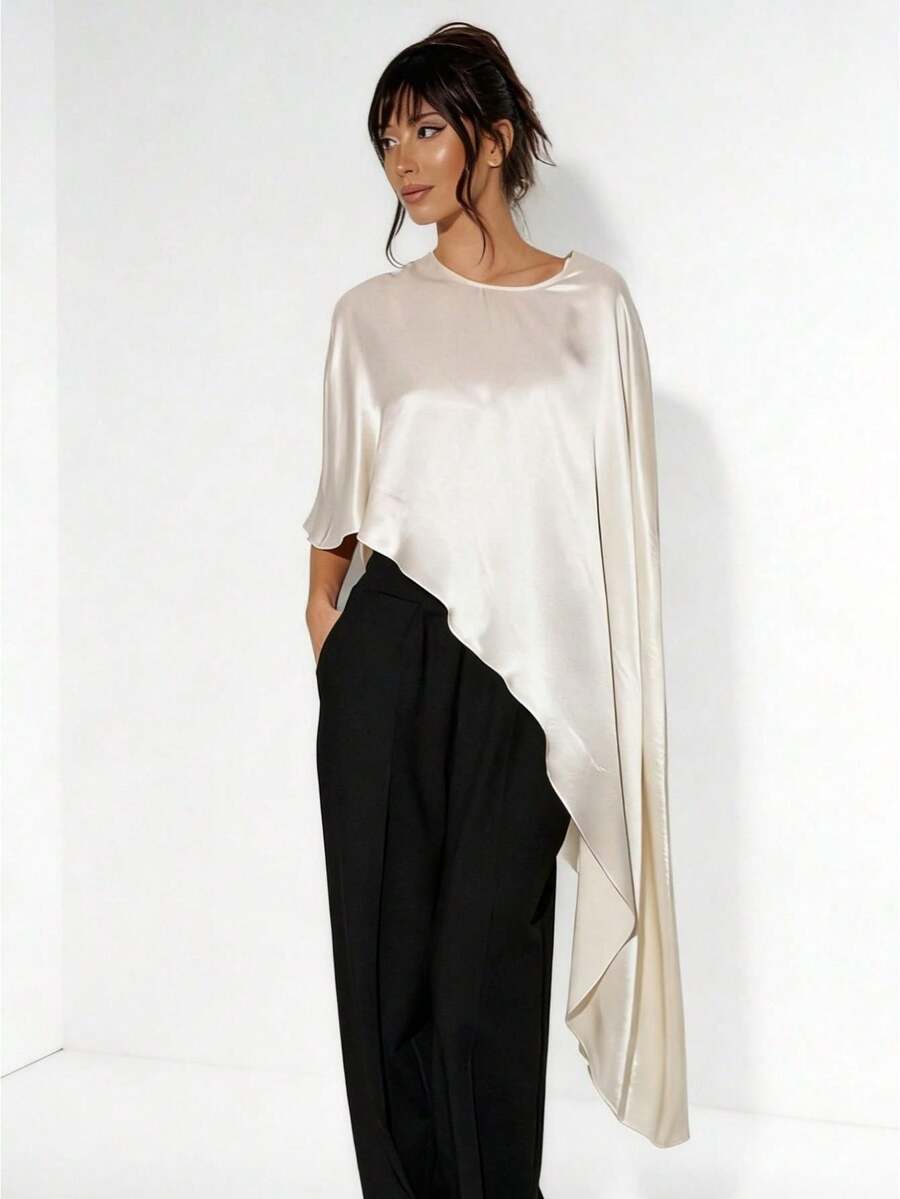 Awevudst Women's Loose Satin Poncho Tunic Tops High Low Silk Shawl Round Neck Ruffle Hem Capes See Through Shrug Bolero Top Cover Up Beachwear - trắng - Xem 1