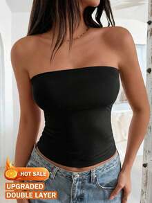 Women's All Season Strapless Basic Solid Color Elastic Tube Top - And New Year, Thanksgiving Date Preparation - 黑色 - 查看 2