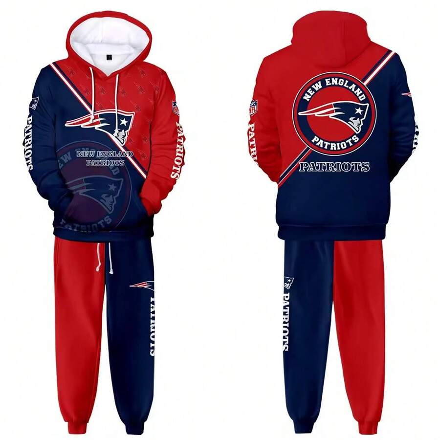 New-England-Pat-Riots Men'S Stylish 3D Lion Print 2pcs Athletic Wear Set - Long Sleeve Hoodie & Joggers, Casual Outdoor & Gym Wear For Spring/Fall, Football Team Pattern Design, Comfortable & Breathable Fabric, Perfect For Comfortable Fit - 彩色 - 查看 1