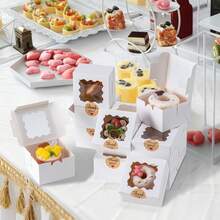 50pcs Cookie Boxes With Window, 4x4x2.5 Inches Bakery Boxes With 50pcs Stickers For Cookies, Bakery, Desserts, Candy, Chocolate Covered Strawberries, Mini Cake (White) - 彩色 - 查看 5
