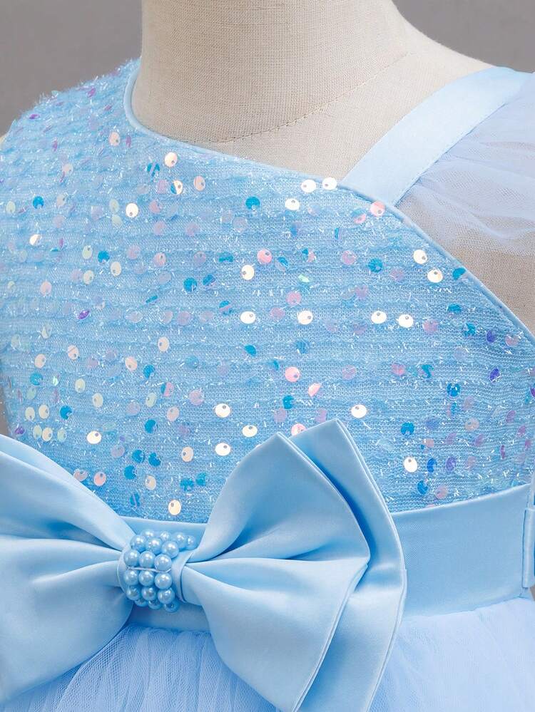 Vestido de princesa de verano para niñas con mangas cortas, adornado con cuentas y lentejuelas, de tul esponjoso, adecuado para ceremonias de graduación, reuniones familiares y fiestas encantadoras - Azul - Añade 7