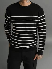 男士条纹印花圆领休闲套头毛衣，适合秋冬季节穿着，长袖上衣 - 黑色 - 查看 1