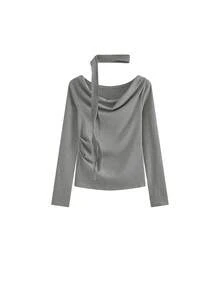 秋季新款法式复古露肩长袖T恤，百搭女式上衣 - 灰色 - 查看 5