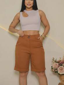 Bermuda Feminina De Linho Com Bolsos Ziper Elegante e Estilosa Verão - Caramelo - Visão 8