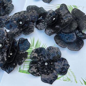 2pcs Black & White 3D Pearl Lace Sequin Flower Patch Clothing Decoration Applique