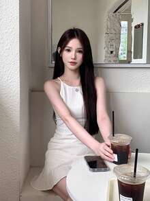 [Y6Y] 女士性感休闲白色A字吊带连衣裙，细肩带，喇叭下摆，适合春季穿着 - 米色 - 查看 15