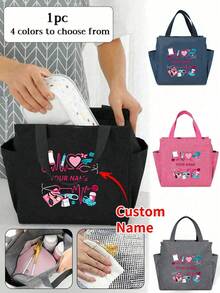 1pc Customized Name Nurse Tote Bag, Personalized Nurse Theme Lunch Bag, Custom Name, Heartbeat & Stethoscope Print Design - Multicolor - View 2