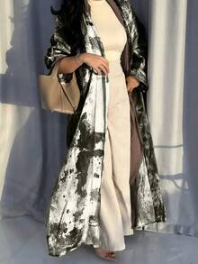 Elegant Abstract Print Long Sleeve Jalabiya Kaftan Dress, Made Of Non-Stretch Woven Fabric, Suitable For Women To Attend Various Occasions - Black - View 2