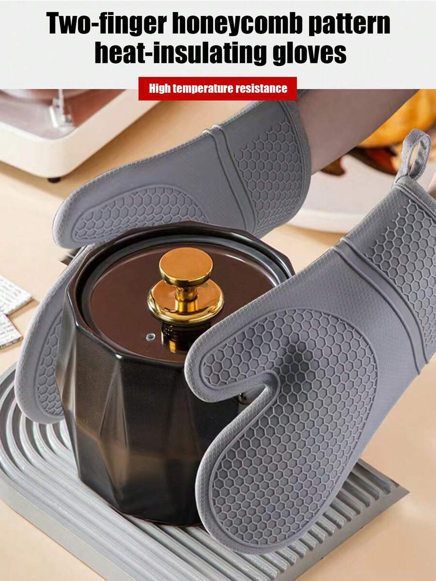 1pc Kitchen Silicone Heat Resistant Glove, High Temperature Baking Oven Glove, Thick Honeycomb Microwave Oven Glove - Grey - View 1