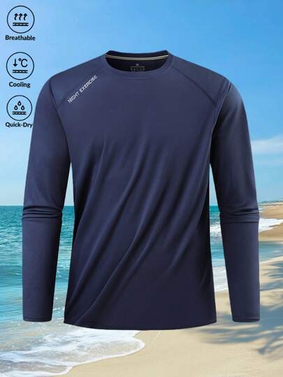 1pc Men's Breathable Quick-Dry Long Sleeve Shirt, Letter Print On Back, Suitable For Outdoor Sports, Fitness, Running