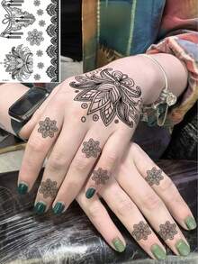 4 Sheets Black Henna Tattoo For Hand Waterproof Lace Flower Henna Temporary Tattoos For Women Wedding Body Art Stickers Travel Festival Party Makeup Decoration - Black - View 5