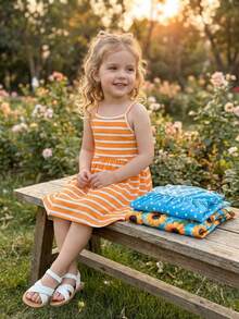 3pcs Girls Casual Dress Set, Comfortable Sleeveless Striped Dress, Versatile Beach/Holiday Style - Multicolor - View 5