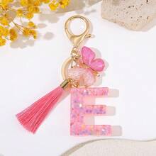 闪亮树脂字母钥匙扣，带流苏和蝴蝶吊坠，时尚配饰，送给朋友的理想礼物，包包挂件 - 粉色 - 查看 16