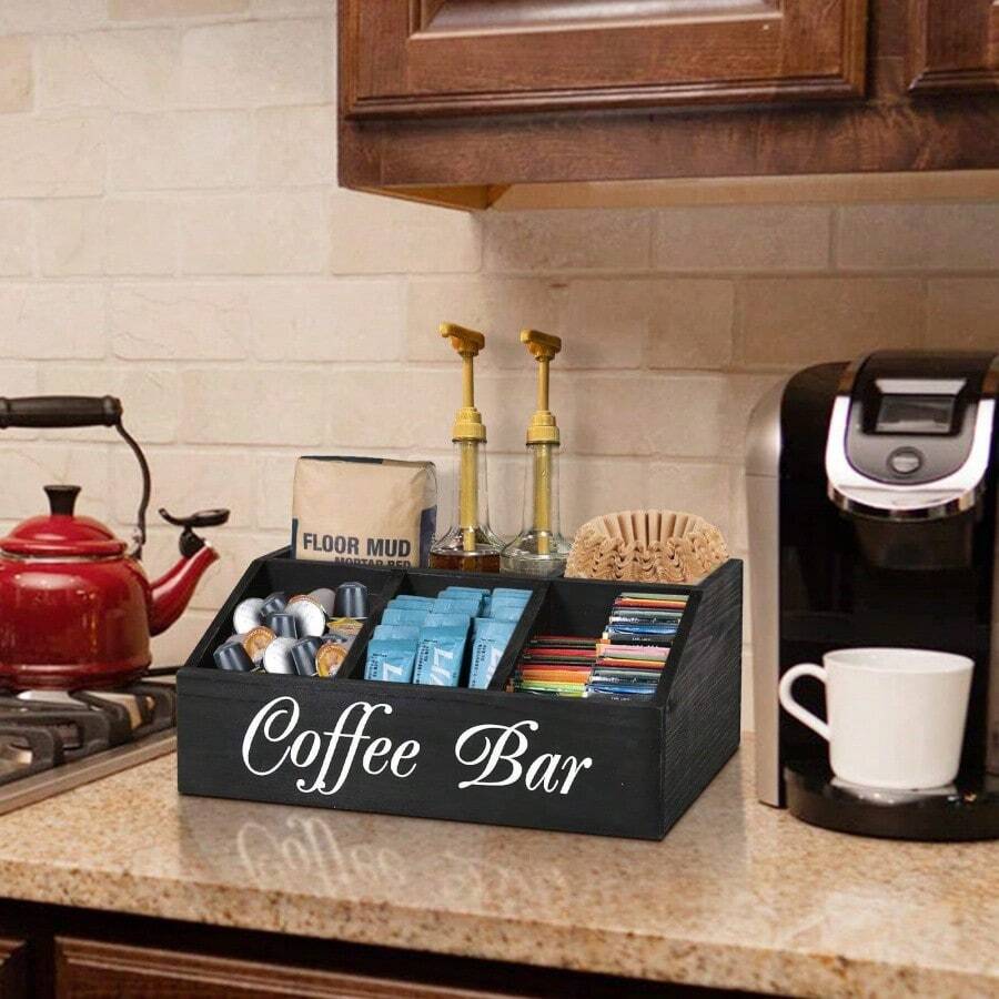 Classic Coffee Bar Organizer Box With Lid Multi-Compartment Storage For Coffee Accessories Condiments Pods Shelf - Black - View 1